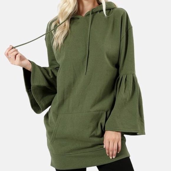 Zenana Outfitters Tops - Bell Sleeve Hooded Tunic Sweatshirt